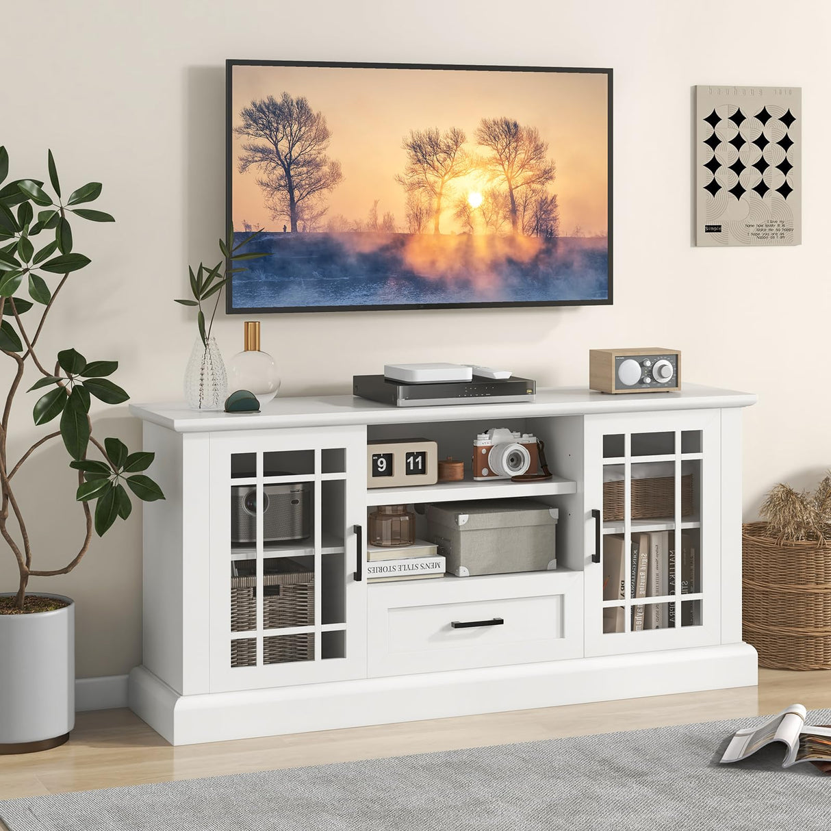 Tangkula Farmhouse TV Stand for TV up to 70 Inch, Tall Media Console Table with 2 Glass Doors, Entertainment Center with Cubbies & Drawer, Storage Cabinet or Sideboard Buffet for Living Room (White) Tangkula