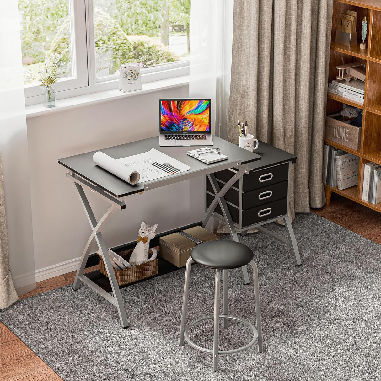 BBBuy Drafting Table Drawing Desk Art Craft Adjustable Tabletop Craft Table w/ 3 Slide Drawers and Stool Set Art Design Workstation for Writing, Painting, Sketching for Home Office, Black BBBuy