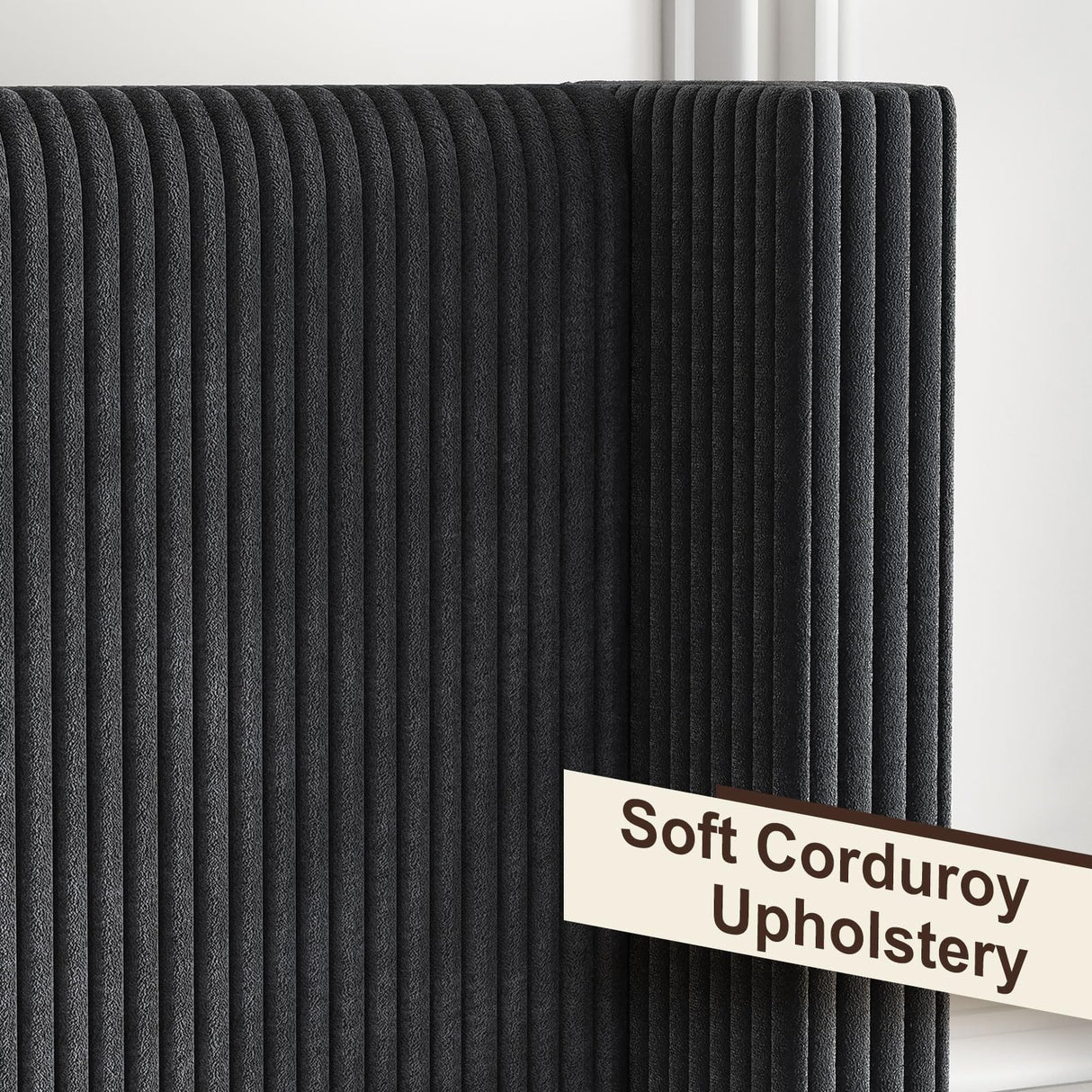 HOWE King Size Upholstered Bed Frame, Wingback Platform Bed with 50.8" Headboard, Corduroy/Solid Wood Leg/No Box Spring Needed/Noise Free/Black HOWE