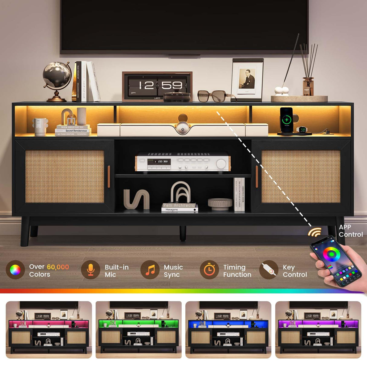 UPOSOJA TV Stand for 75 Inch TV Rattan TV Cabinet with Adjustable Shelf Storage, Modern LED Entertainment Center, Boho Media TV Console, Media TV Stands for Living Room Bedroom (Black) UPOSOJA