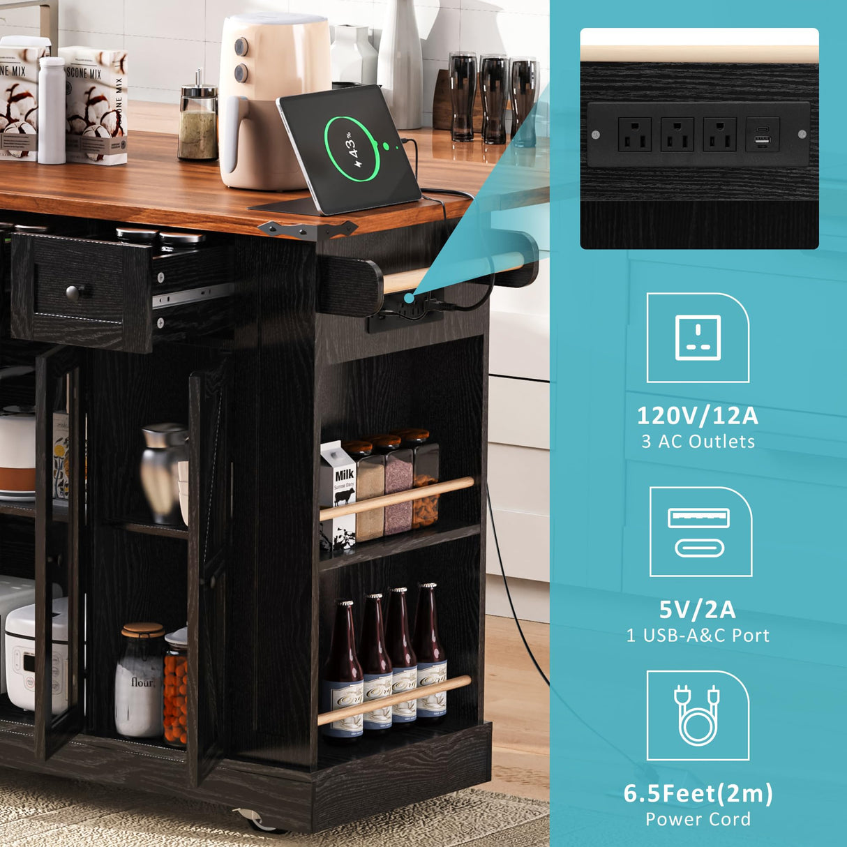 E-SHANMOHY Farmhouse Kitchen Island Cart with Drop Leaf & Charging Station,53" Rolling Island Cart on Wheels with Tempered Glass Doors Storage,Side Spice Racks,Ideal for Home Kitchen (Black-1) E-SHANHOMY