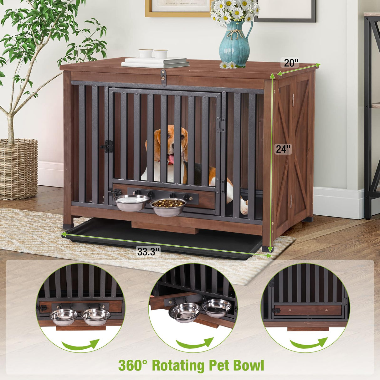GUTINNEEN Dog Crate Furniture Foldable Dog Kennel for Small Medium Dogs Large Solid Wood Dog House with Bowl Heavy Duty Dog Cage End Table (Dark Brown) GUTINNEEN