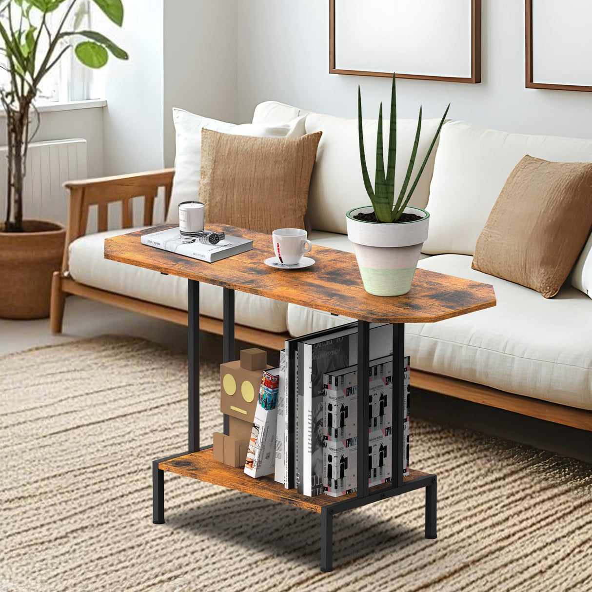 Coffee Table for Living Room, 2 Tier Small Coffee Table with Open Storage Shelf, Center Table Industrial Modern Style Coffee Tables with Wood Tabletop, Rustic Brown CADUKE