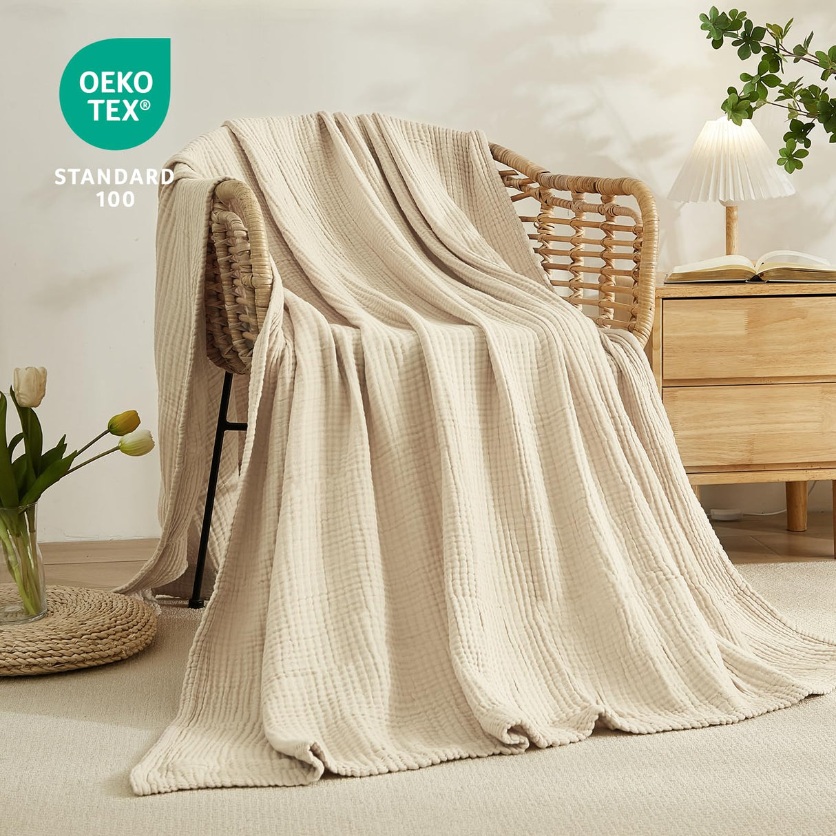 EMME Cotton Throw Blanket Large 50"x70" Gifts for Women 100% Muslin for Couch Breathable Gauze All Season Light Tan Soft and Lightweight Pre-Washed EMME