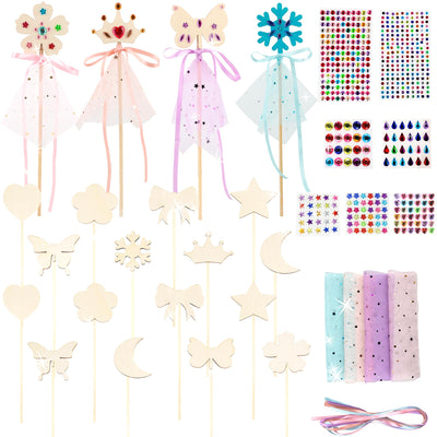 67 Pcs Make Your Own Princess Wand Kit Include 20 Pcs Wooden DIY Fairy Wand 20 Pcs Ribbons and 20 Mesh with 7 Pcs Gem Stickers for Kids Halloween Cosplay Accessories DIY Art Craft Making