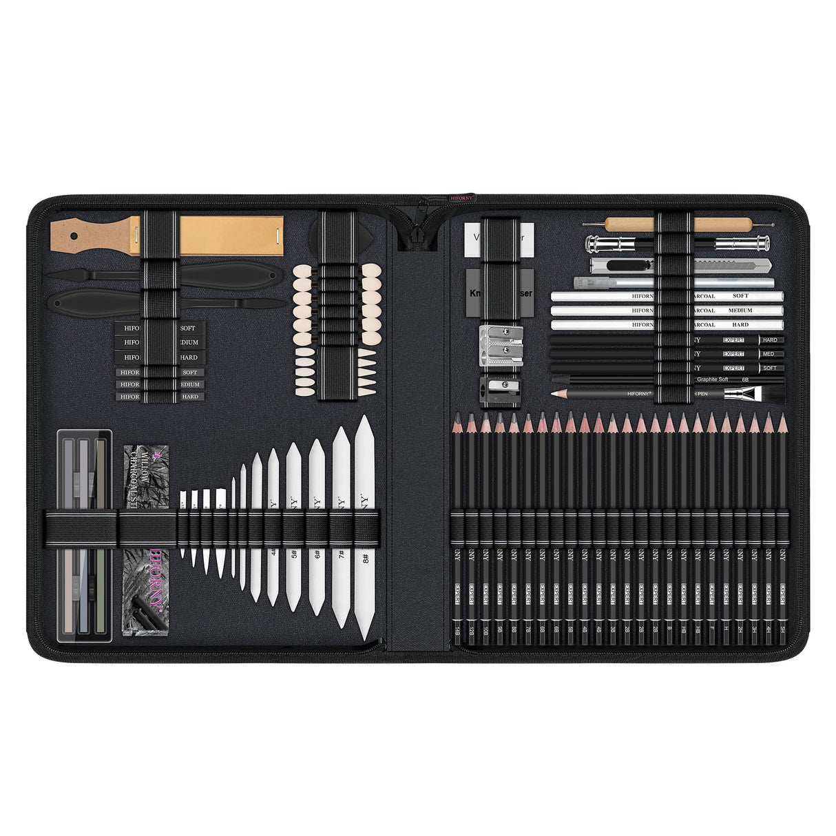 HIFORNY 100 PCS Drawing Set Sketching Kit,Sketch Pencils Art Supplies with Graphite,Charcoal,Blending Tools & Accessories,Portable Zippered Travel Case for Artists & Beginners HIFORNY