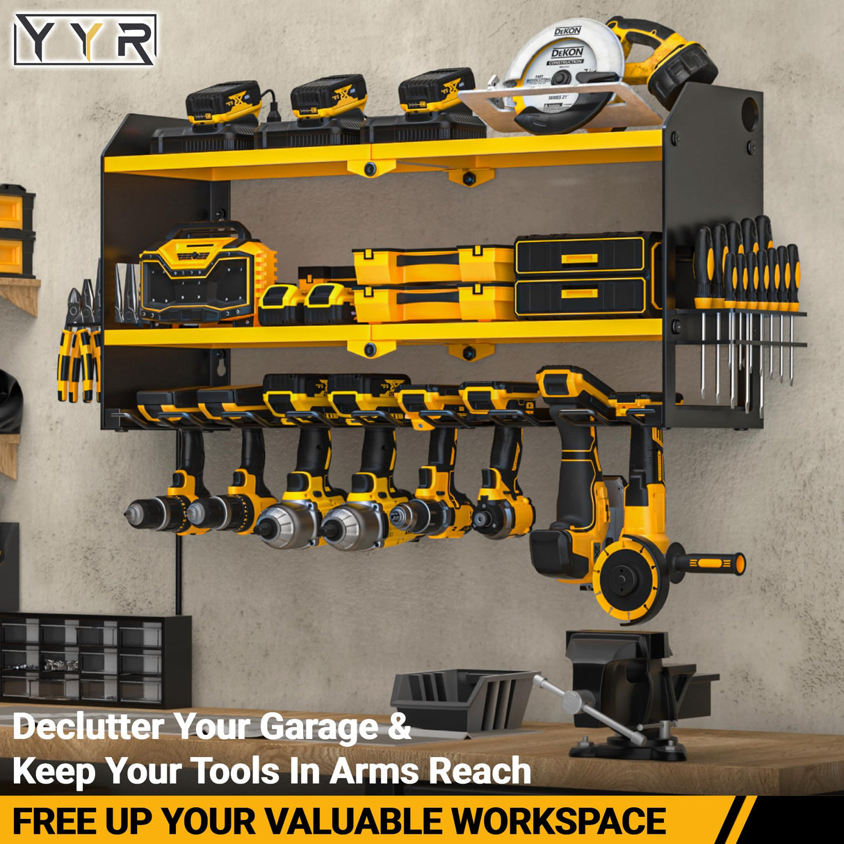 YYR Power Tool Organizer with Charging Station Wall Mount, Cordless Drill and Battery Holder for Garage Organization, Electric Tools Storage Rack Build in Surge Protection Power Strip - Yellow Shelf YYR