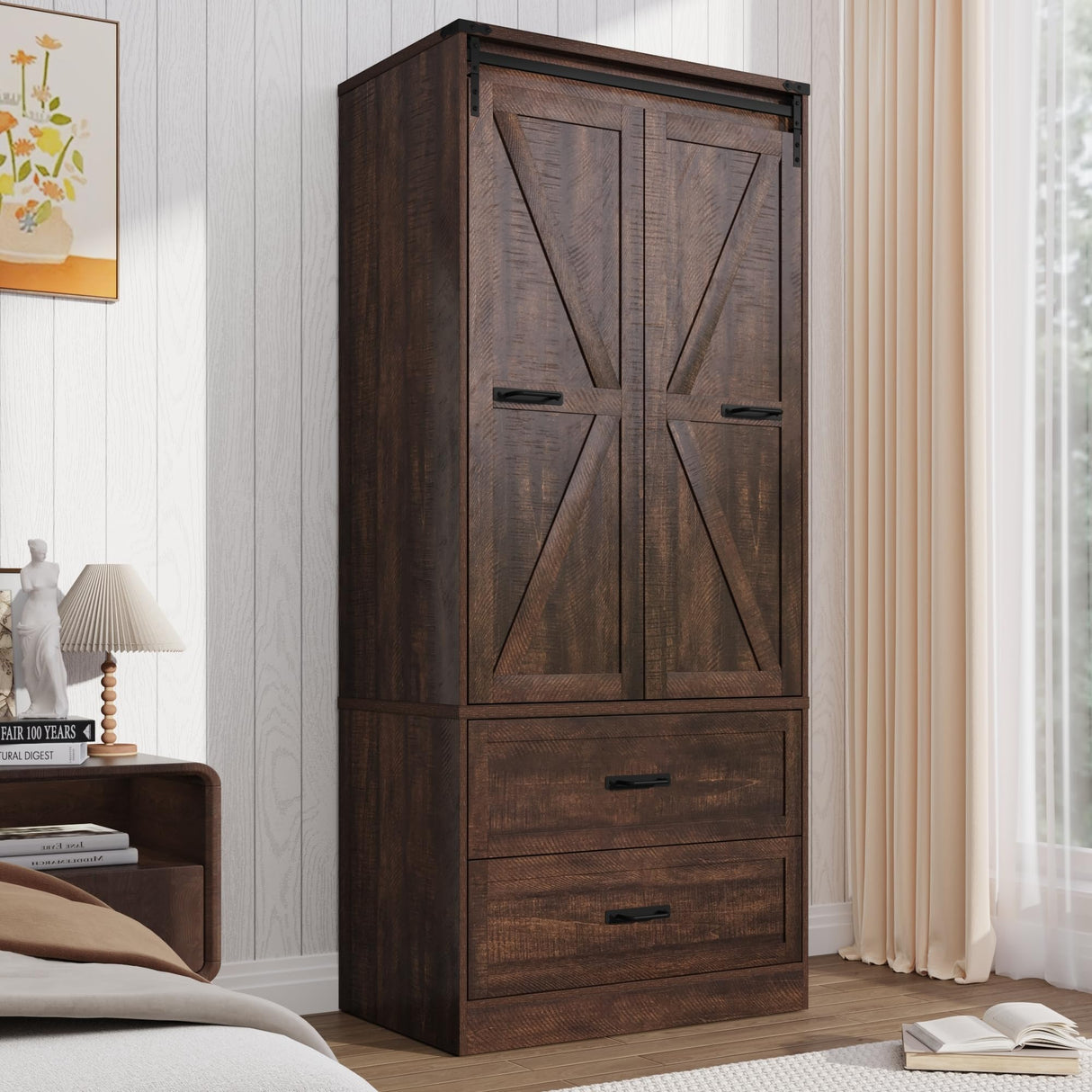 Farmhouse 2 Doors Armoire Wardrobe Closet w/Folding Sliding Barn Door and Lights, LED Armoire Closet w/Drawers for Bedroom, Freestanding Wooden Wardrobe Storage Closet w/Hanging Rod,Rustic Brown jiteentarou