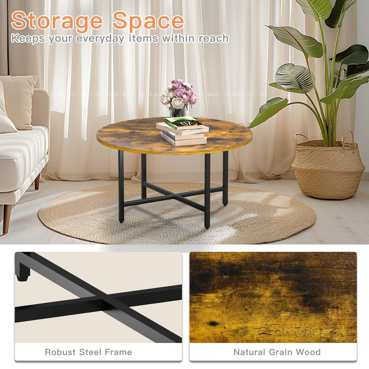 FAMIDGE Round Coffee Table, Small Coffee Tables for Living Room, Circle Coffee Table with Metal Frame, Floor Table Desk for Sitting on The Floor, Home, Office, Rustic Brown (23.6" D x 14.2" H) FAMIDGE