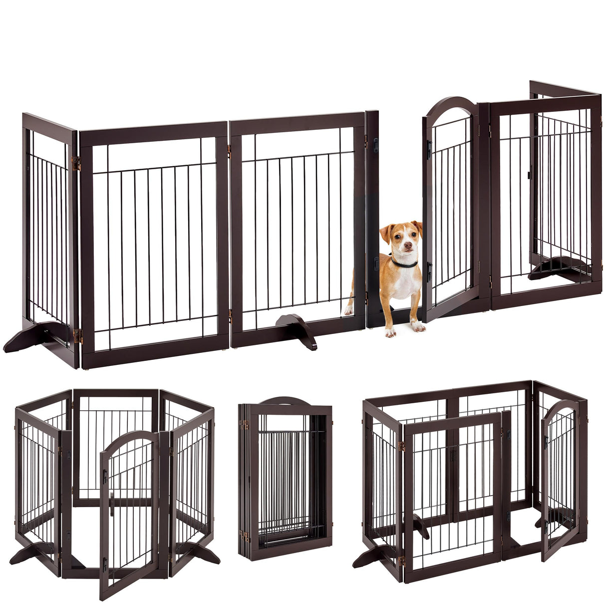 Yaheetech 32-inch Tall Dog Gate with Door Extra Wide Pet Gate for Dogs, Foldable Wire & Wooden Puppy Safety Fence w/3 Support Feet,Freestanding Dog Gate for the House,Doorway,Stairs(Espresso,6 Panels) Yaheetech