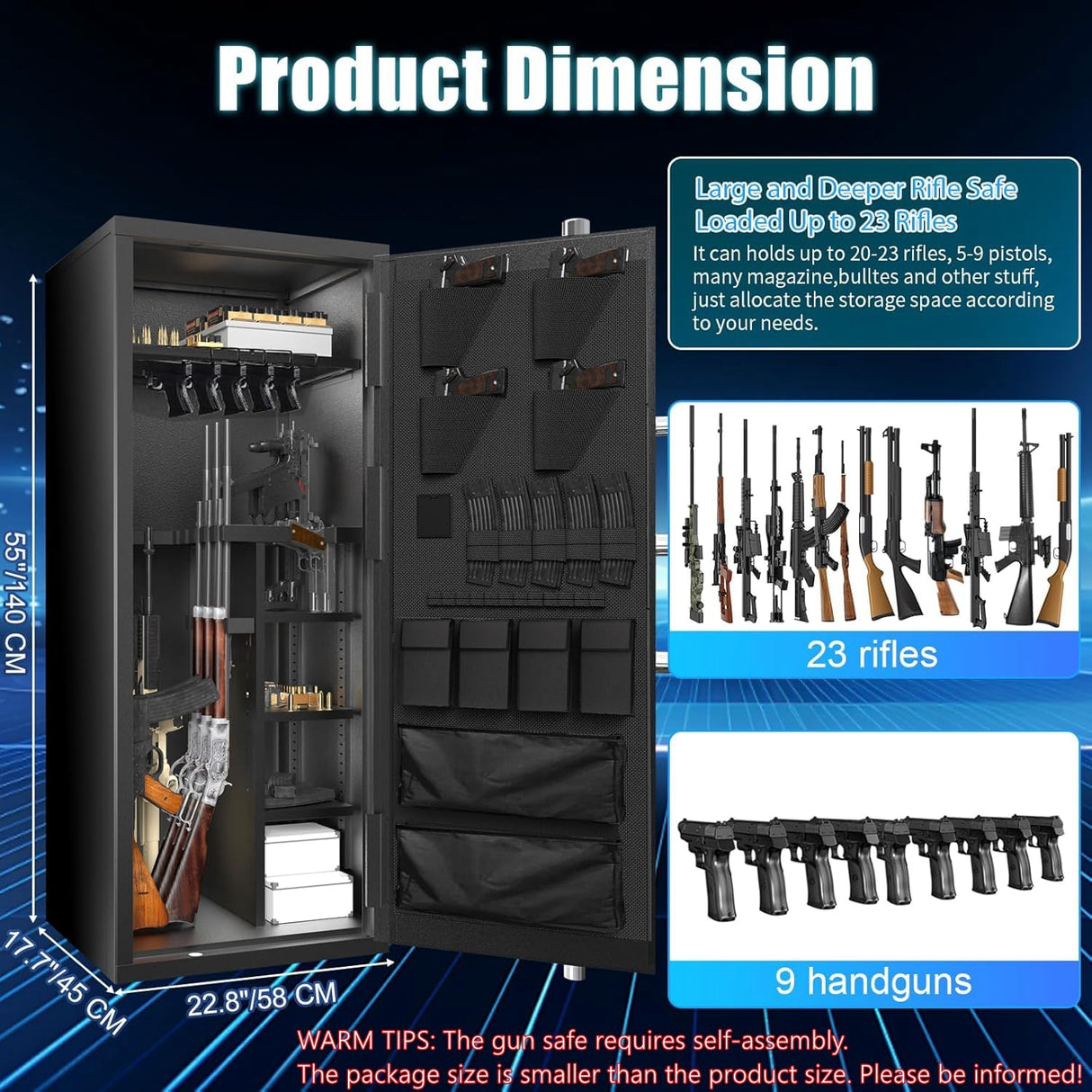 Large Rifle Safe, 30 Gun Safe for Rifle and Shotgun/Rifle Pistol Rack/Storage Pocket/Removable Shelf/Silent Mode/External Battery/Key/LED,180° Open Door Panel Organizer Unassembled Gun Safe TTSITG