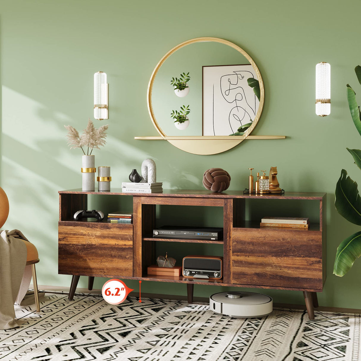 WLIVE TV Stand for 65 Inch TV, 58 inch Entertainment Center with 2 Storage Cabinets, Media Console for Living Room, Bedroom and Office, Retro Brown WLIVE