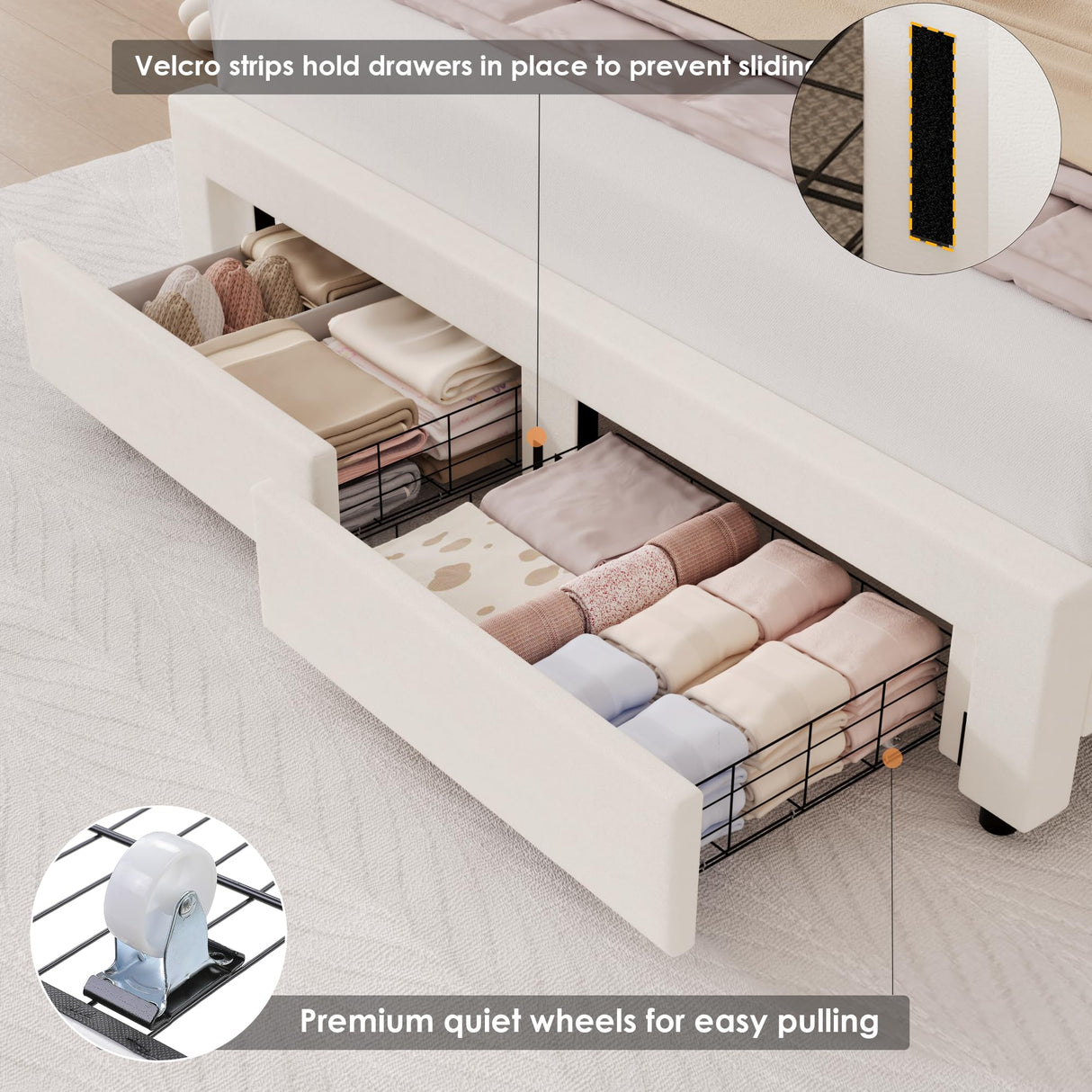 HIFIT Queen Smart LED Upholstered Bed Frame with Storage Drawers & Adjustable Velvet Headboard, Beige HIFIT