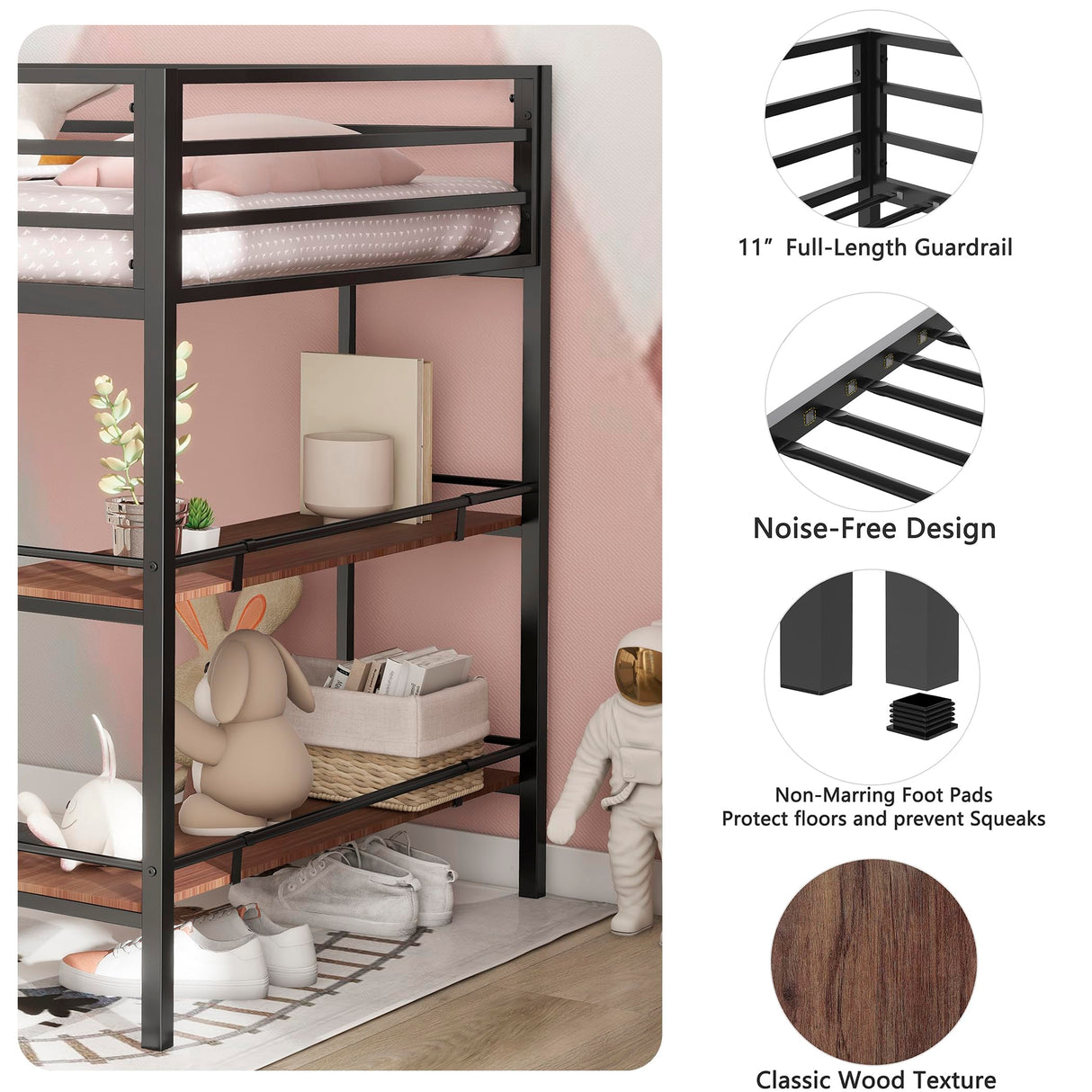 Twin Size Low Loft Bed with Storage Shelves for Kids,Kids Loft Bed Twin Size,Metal Loft Bed Frame for Boys Girls,Junior Low Loft Bed,Black Bellemave
