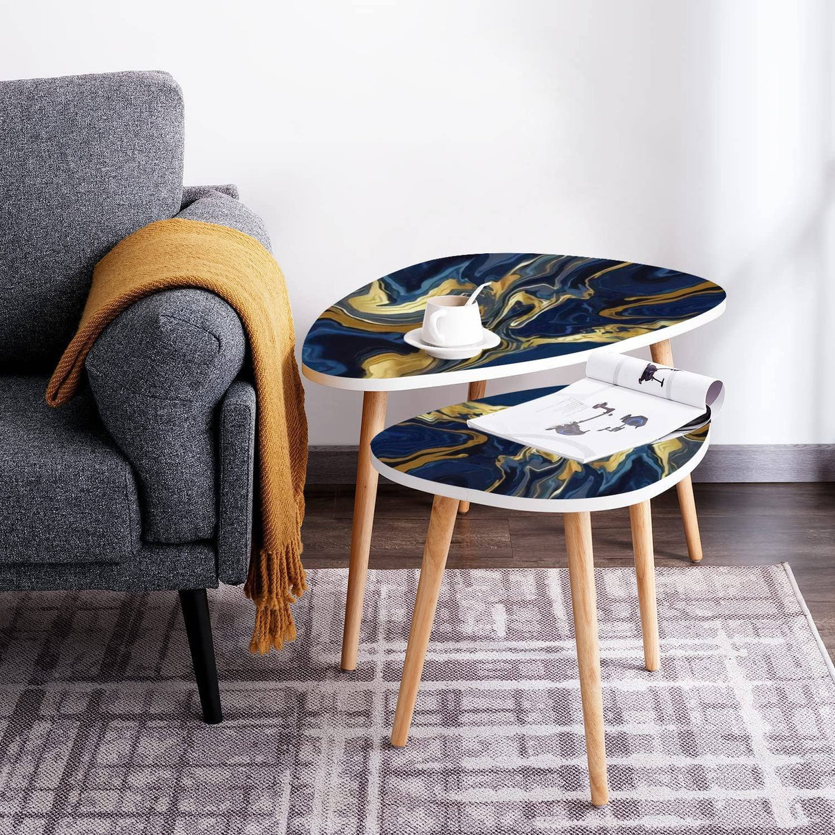 DQWIJAKX91 Small Coffee Nesting Table Luxury Blue Marble Gold Abstract Texture Indigo Ocean Blue marbling Modern Minimalist Side Table Triangle End Tea Table Center Table Set of 2Living Room Bedroom DQWIJAKX91