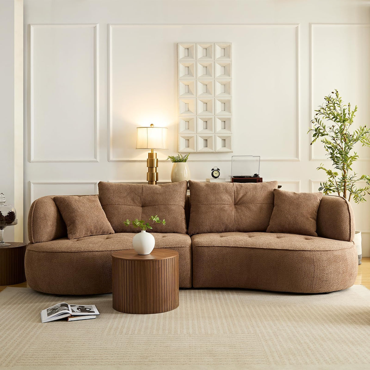 109" Sectional Curved Sofa, Boucle Fabric Upholstered Modern Couch, Oversized 3 Seater Minimalist Comfy Modular Deep Seat Sofas Set for Living Room, Home Office, Bedroom, Apartment, Camel M MEETAKING