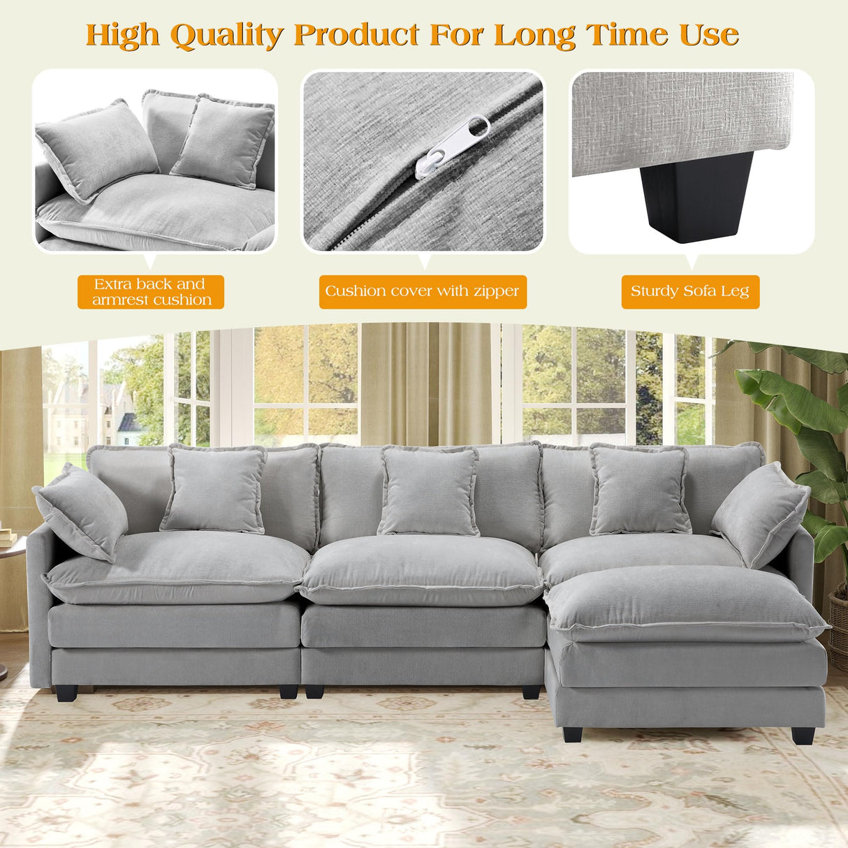 113.4" Modular Sectional Sofa,L Shaped Couch for Living Room,Modern Deep Seat Sofa 3 Seater Chenille Fabric Comfy Cloud Couches with Throw Pillows & Movable Ottoman Hanherry