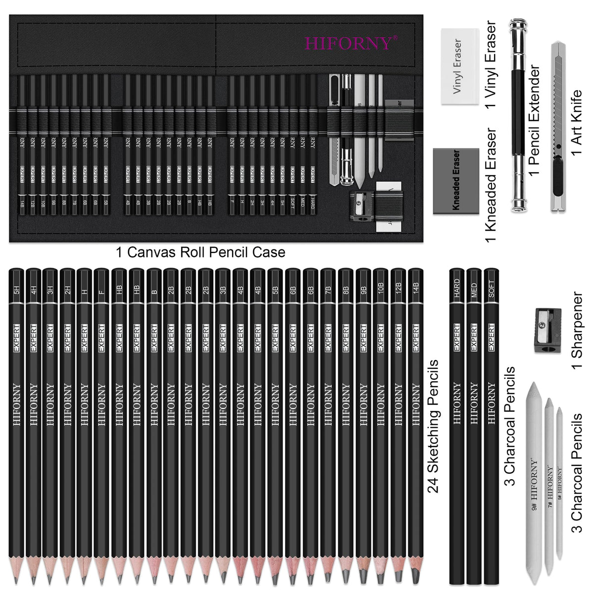 HIFORNY 36 PCS Sketching Drawing Pencil Set,Sketch Pencils Art Supplies with Graphite,Charcoal,Blending Tools,Accessories,Drawing Kit for Adults Artists in Canvas Roll Up Case HIFORNY