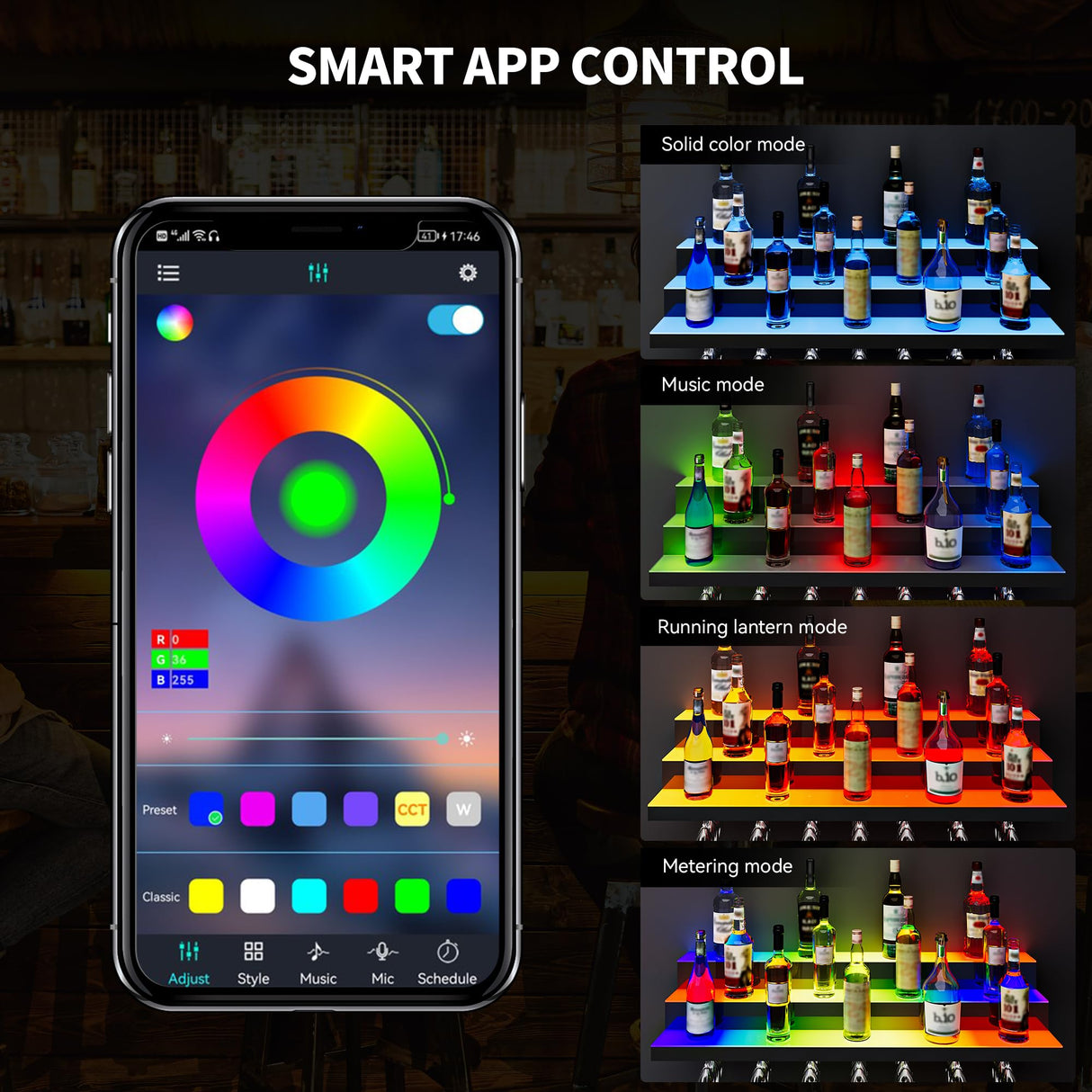 YITAHOME LED Light Liquor Bottle Display Shelf, 3-Tier 40-inch Bar Shelves for Liquor Bottles Wall Mounted Acrylic Liquor Shelf with Wine Holder Slots, Remote & App Control for Home Commercial Bar YITAHOME