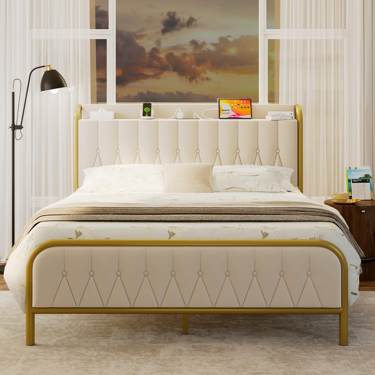 iPormis Full Size Metal Bed Frame with Charging Station, Velvet Upholstered Headboard and Footboard, Heavy Duty Steel Support, 12" Under Bed Storage, No Box Spring Needed, Easy Assembly, Beige iPormis