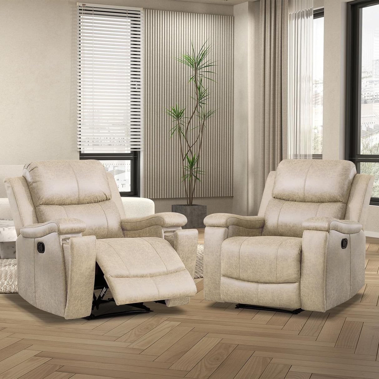 CANMOV Leather Recliner Chair Set of 2, Classic and Traditional Manual Recliner Chair with Overstuffed Arms and Back, Manual Single Sofa with Concealed Cup Holders,Beige CANMOV