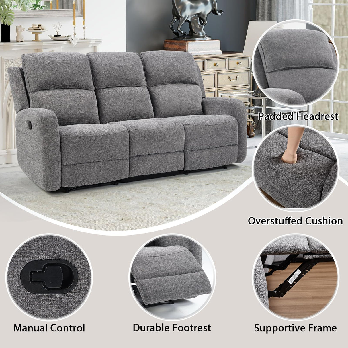EBELLO Manual Living Room Furniture Reclining Couch Set, Soft Fabric Recliner Loveseat and 3 Seat Sofa Couch for Meeting Room, Overstuffed Backrest(Loveseat+Sofa) EBELLO