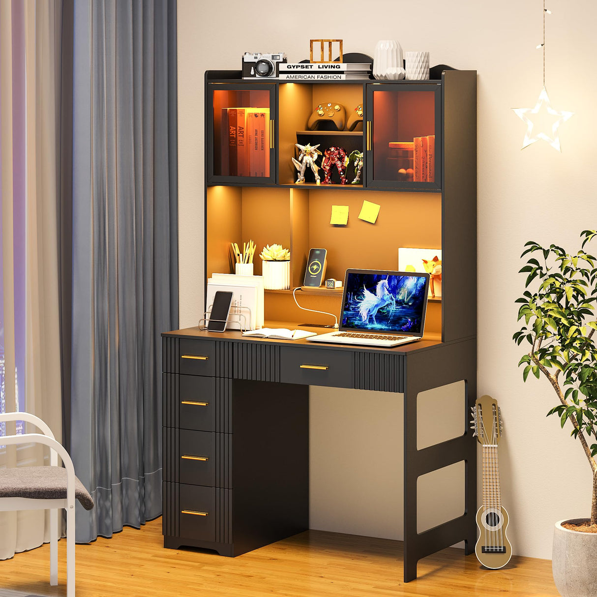 WOOVIVS LED Study Desk with Hutch and Drawer, Home Office Desk with Outlet, Computer Desk with Charging Station, Writing Desk for Bedroom, Workstation for Small Space (Black) WOOVIVS