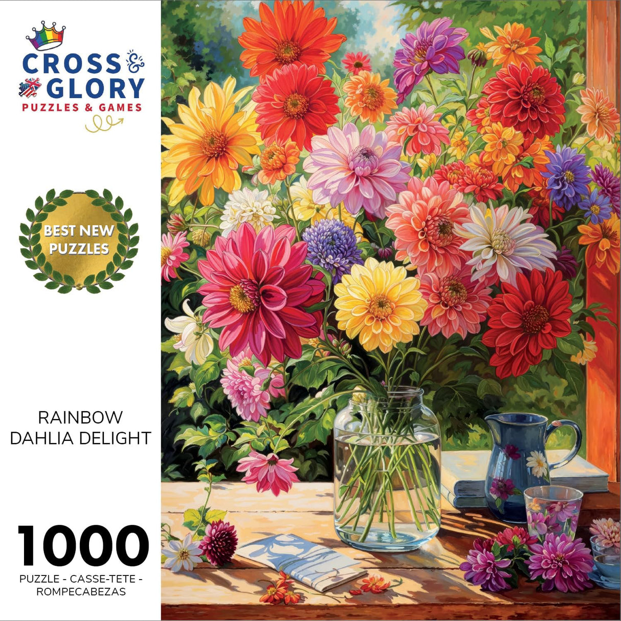Cross & Glory - Rainbow Dahlia Delight - 1000 Piece Jigsaw Puzzle for Adults | Vibrant Flower Collection | Satin Finish | Challenging & Colorful Art Cross & Glory