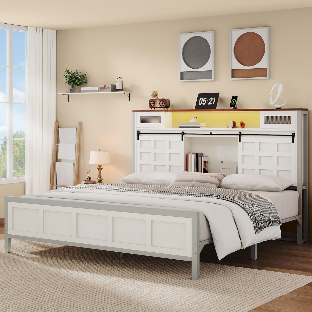 YITAHOME King Size Bed Frame Farmhouse with 49.14" Tall Storage Headboard, Charging Station & Led Light, Sliding Barn Door, Wooden Platform Bed Frame, Metal Slats Support, No Box Spring Needed, White YITAHOME
