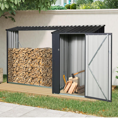 YOPTO 106.5" Outdoor Steel Firewood Rack Metal Storage Shed with Door and Reinforced Base,Multi-Functional 2 in 1 Waterproof Cabinet W/Roof,for Equipment Machines,Black