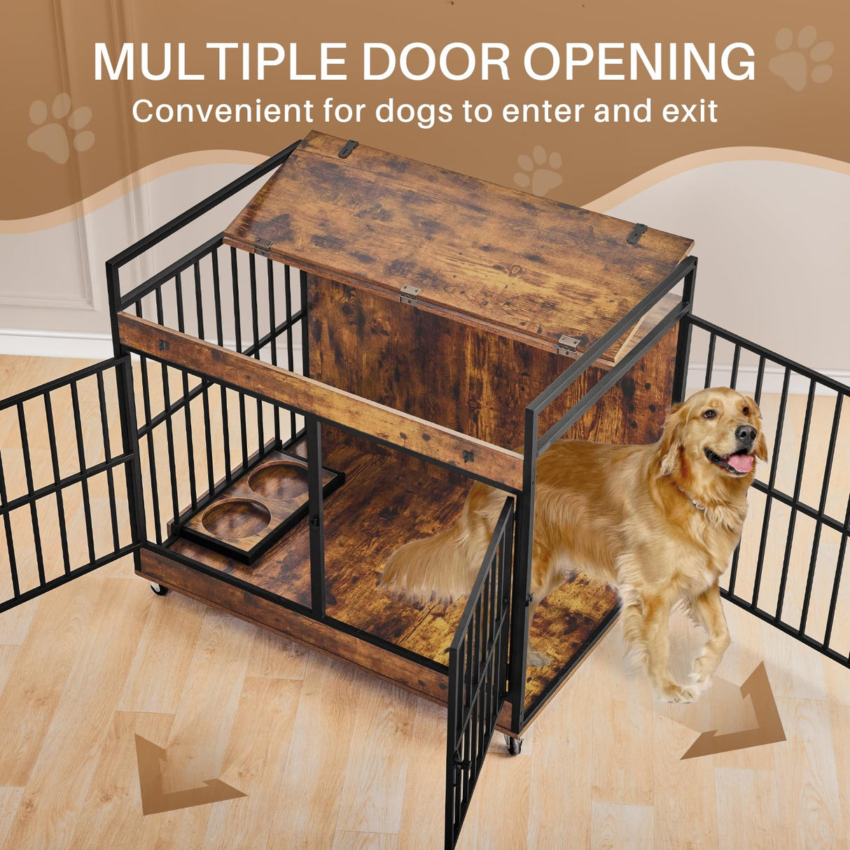 Extra Large Dog Crate Furniture, Dog Crates Furniture for Medium/Large Dogs Indoor, Heavy Duty Dog House with Wheels, Feeder Bowls & Flip Top, Large Dog Crate 44" L x 30" W x 38" H Redlifeᅟᅠ