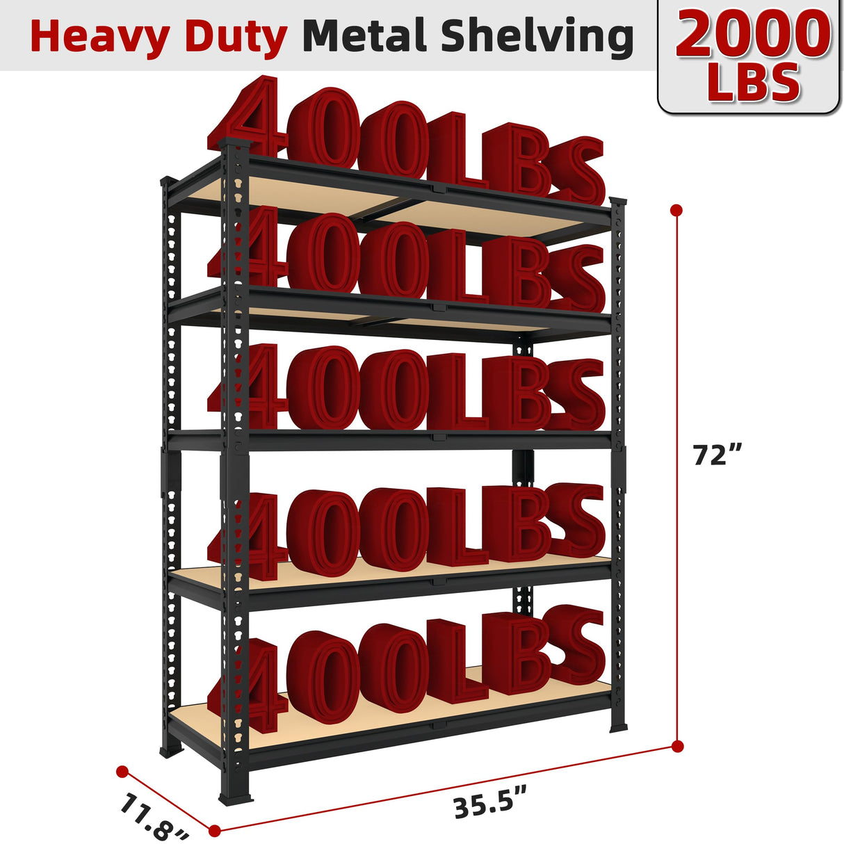 BuxWellBang Heavy Duty Metal Storage Shelves - 35.5" W x 11.8" D x 72" H 5 Tier Adjustable Garage Shelving Unit, Industrial Utility Rack Shelf for Warehouse, Pantry, Kitchen, Black BuxWellBang