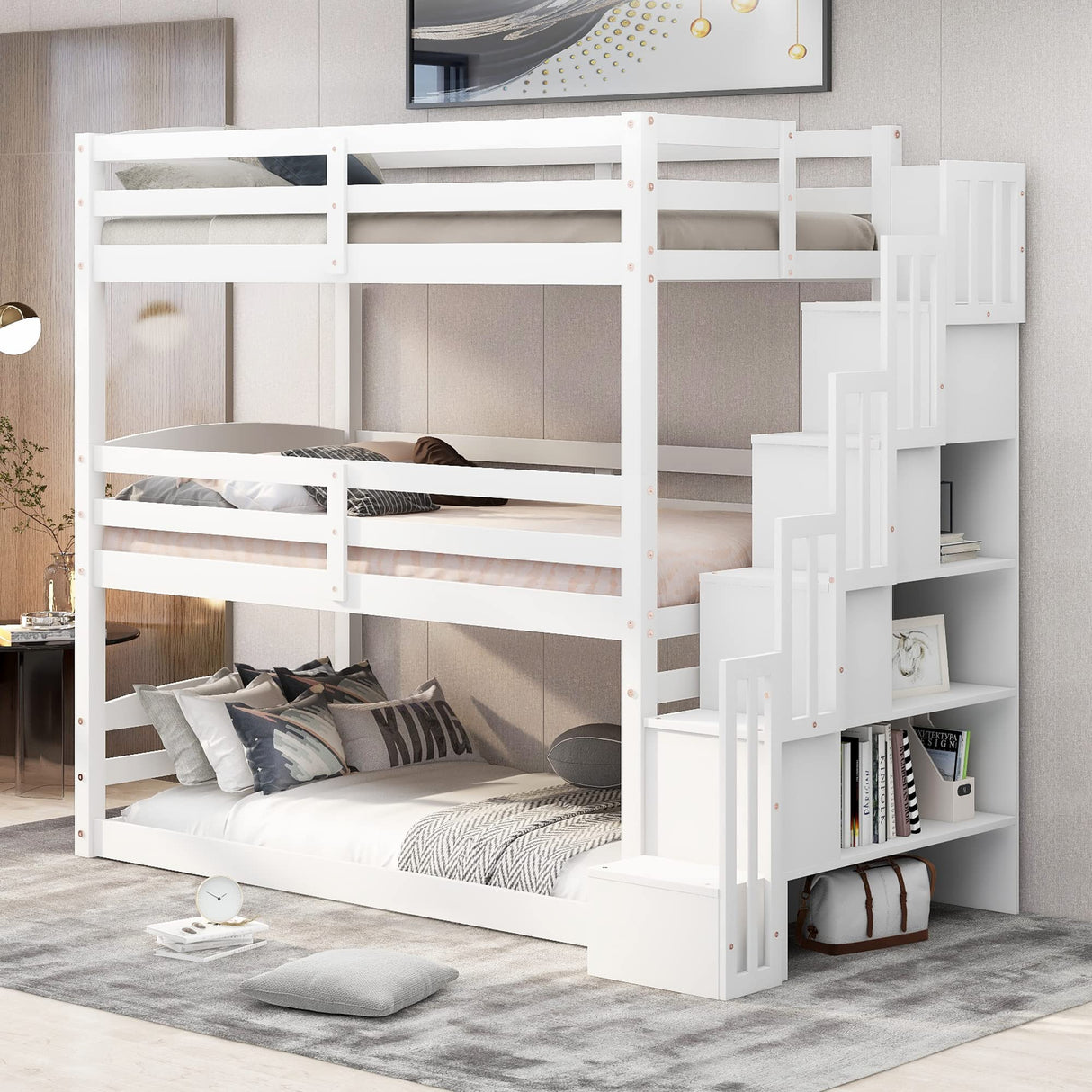 Harper & Bright Designs Twin Size Triple Bunk Bed with Stairs and Storage, Solid Wood Twin Over Twin Over Twin Bunk Bed Frame for 3 Kids Girls Boys, Separate Design (White) Harper & Bright Designs