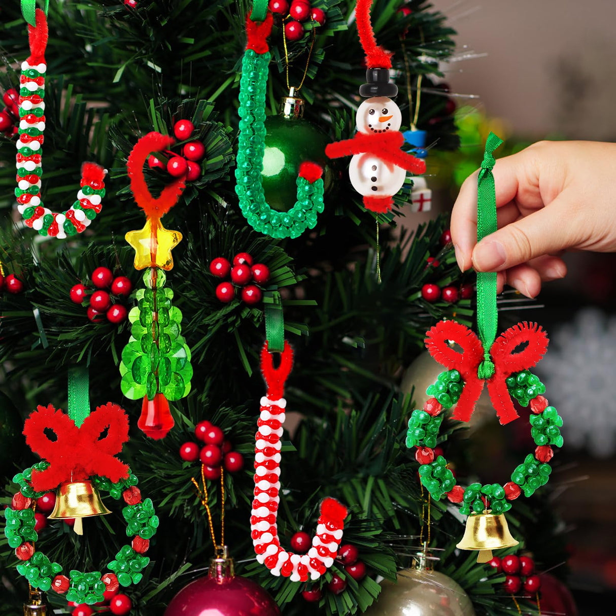 AWHETIE Christmas Crafts for Adults,40 Sets Beaded Ornament Kit,Including 20 Pcs Wreath with Bell/5 Pcs Snowman/5 Pcs Christmas Tree/10 Pcs Candy Cane,Holiday Tree Decorations AWHETIE
