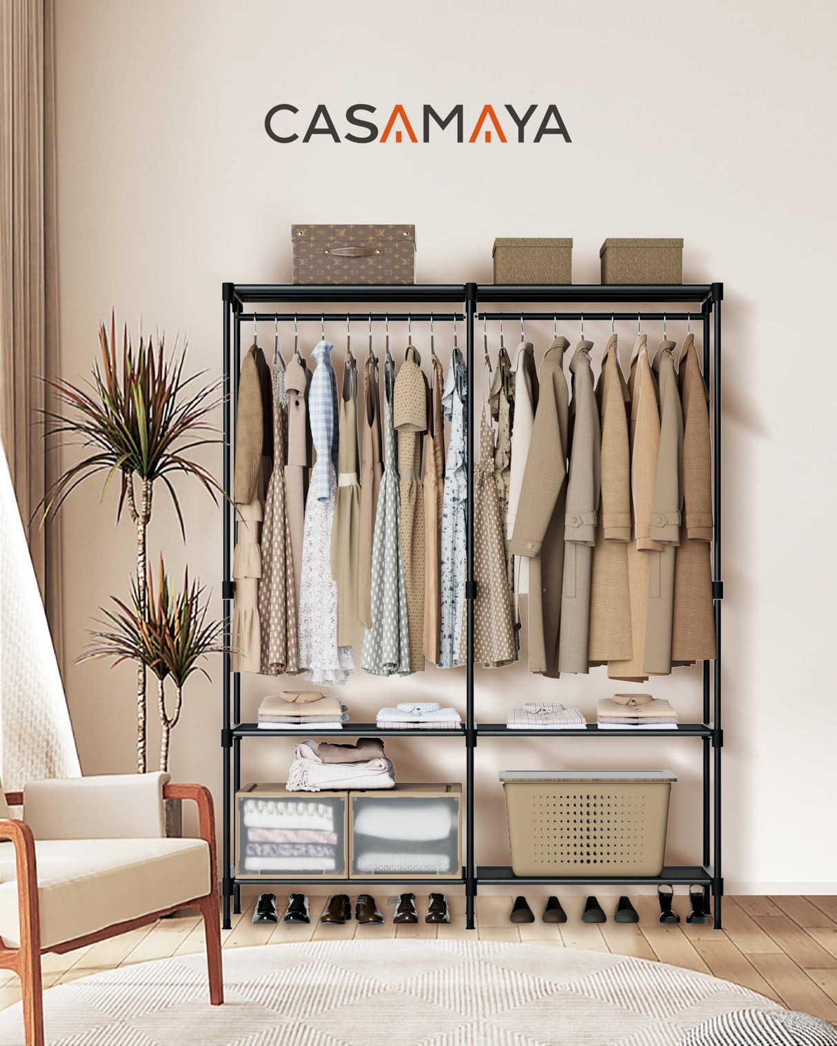 CASAMAYA Clothes Rack, Portable Closet, 54.3 Inch Large Capacity Wardrobe Closet, Clothes Storage Organizer with Shelves and 2 Hanging Rods, Easy to Assembly, Black PCT002B01 CASAMAYA
