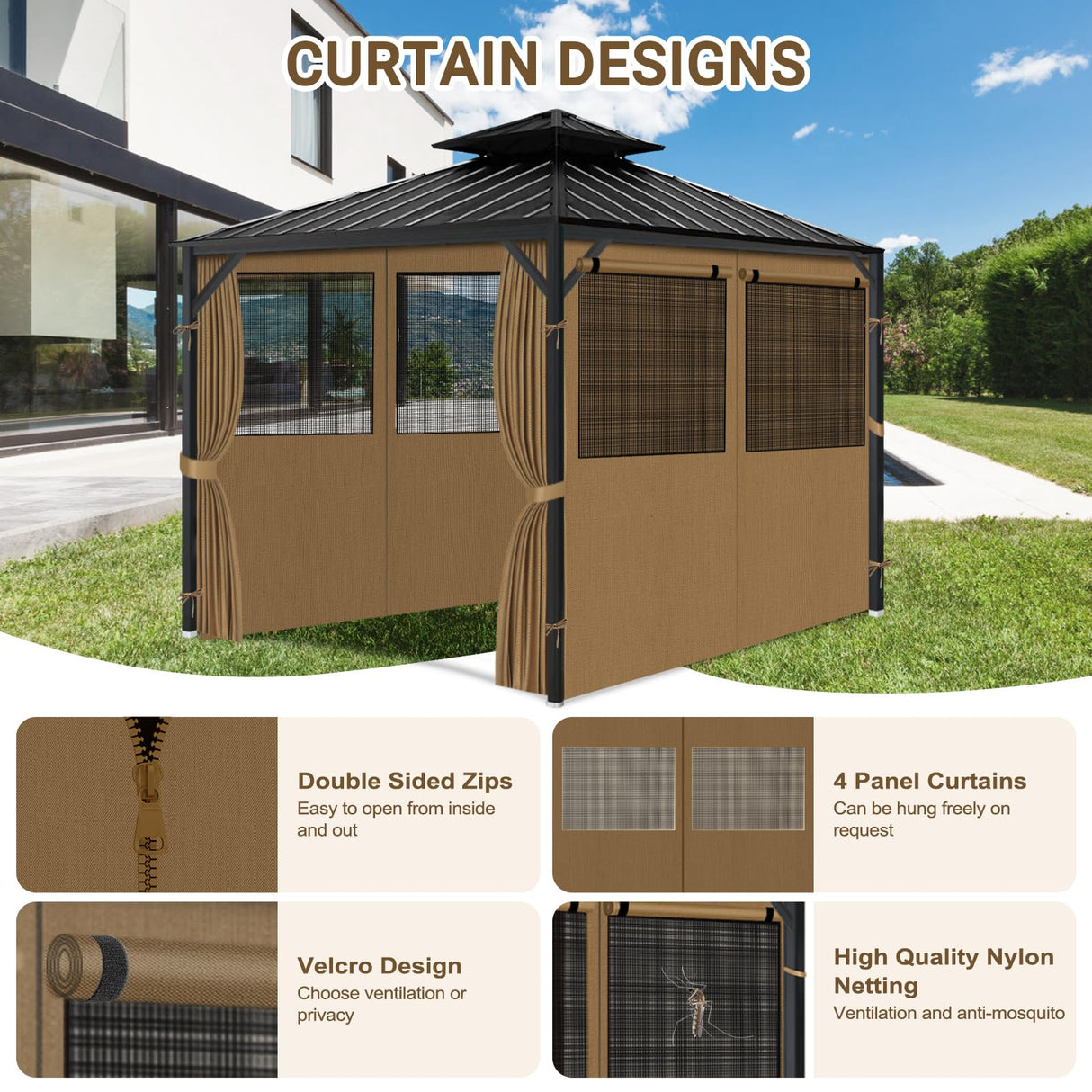 Gazebo Privacy Curtain 10'x12', Replacement Curtains with Mosquito Net Windows, 4-Panels Side Wall, Zippers, Waterproof Outdoor Curtains for Patio, Canopy, Garden and Backyard, Khaki (Curtain Only) Bstge