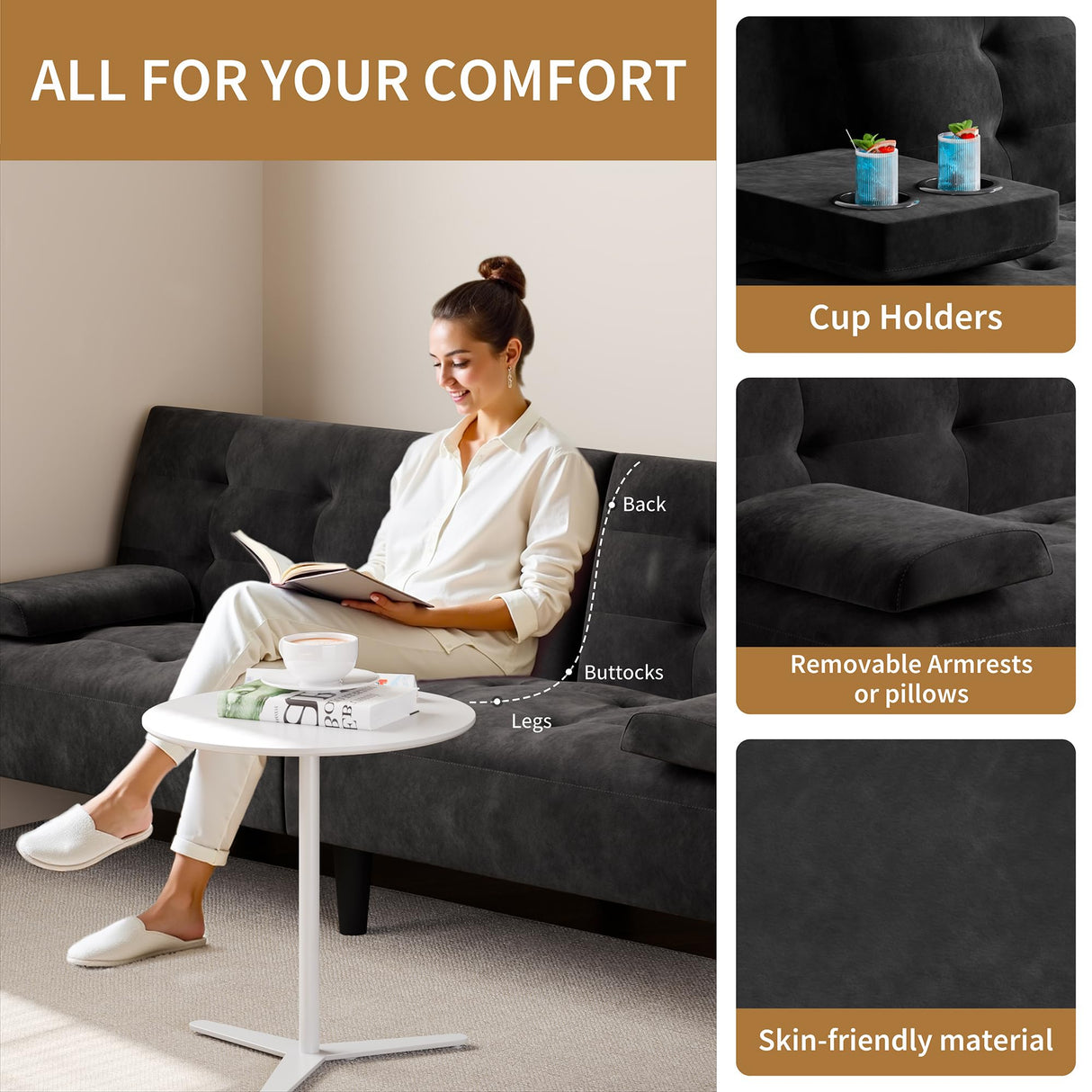 JAMFLY Futon Couches Loveseat Sofa Bed, Convertible Lazy Futon Sofa Bed with Cup Holder for Small Spaces, Bedroom, Apartment, Dorm, Living Room, Dorm, Black Velvet JAMFLY