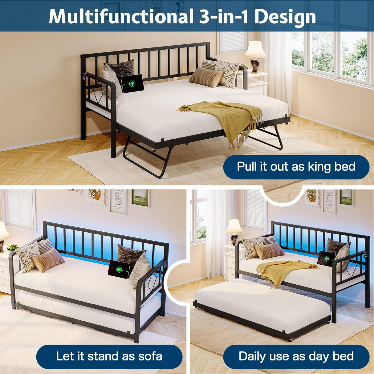 Jocisland DayBed with Charging Station and LED Lights, Metal Twin Daybed with Trundle, Versatile Sofa Bed Frame with Steel Slat Support for Living Room, Bedroom, Guest Room (Pure Black) Jocisland