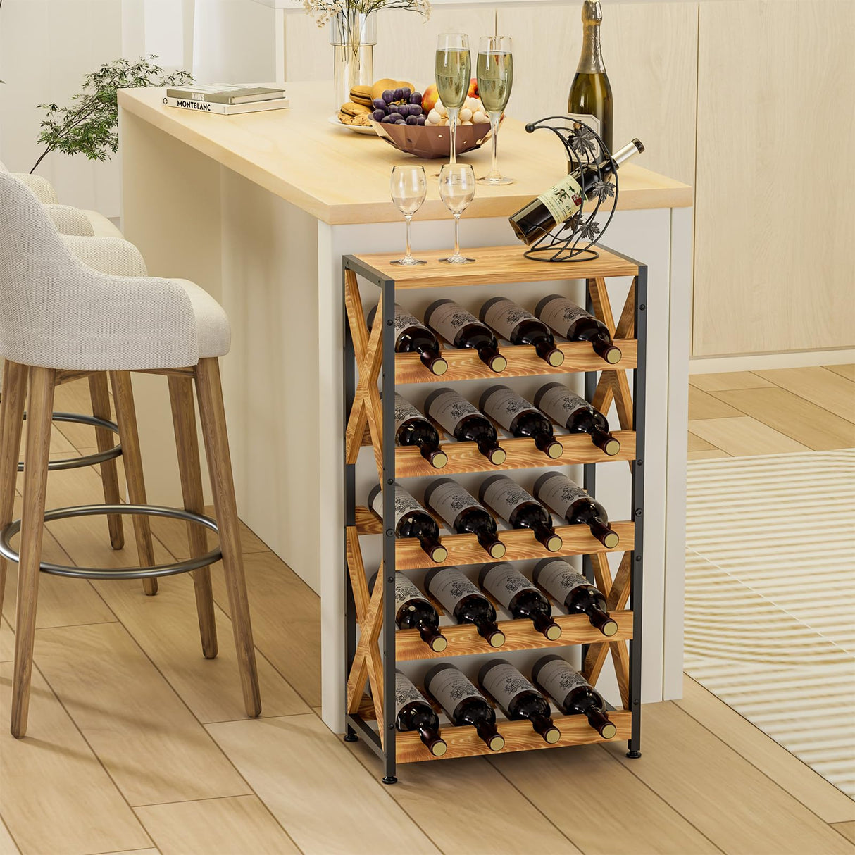 LUMAMU 20 Bottle Wine Rack Freestanding Floor with Wood Top,Wobble-Free 5 Tier Wine Display Storage Stand Shelf,Stackable Modular Wine Bottle Holder Rack for Kitchen,Cellar,Living Room LUMAMU