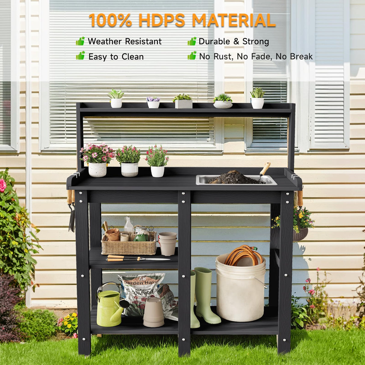 ONBRILL Potting Bench, Outdoor Potting Bench Table with Removable Sink, HDPS Potting Benches for Outside, Garden Table with Storage Shelves & 4 Side Hooks, No Rot, No Fade, No Break, 360lbs Capacity ONBRILL