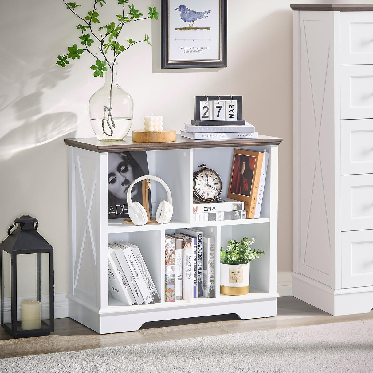 Farmhouse 5 Cube Bookshelf, White Storage Organizer Bookcase, Kids Toy Storage Cabinet, Small Bookshelves Storage Organizer Shelf, Wood Display Cabinet Book Shelves for Bedroom,Living Room,Office FFBCFDK