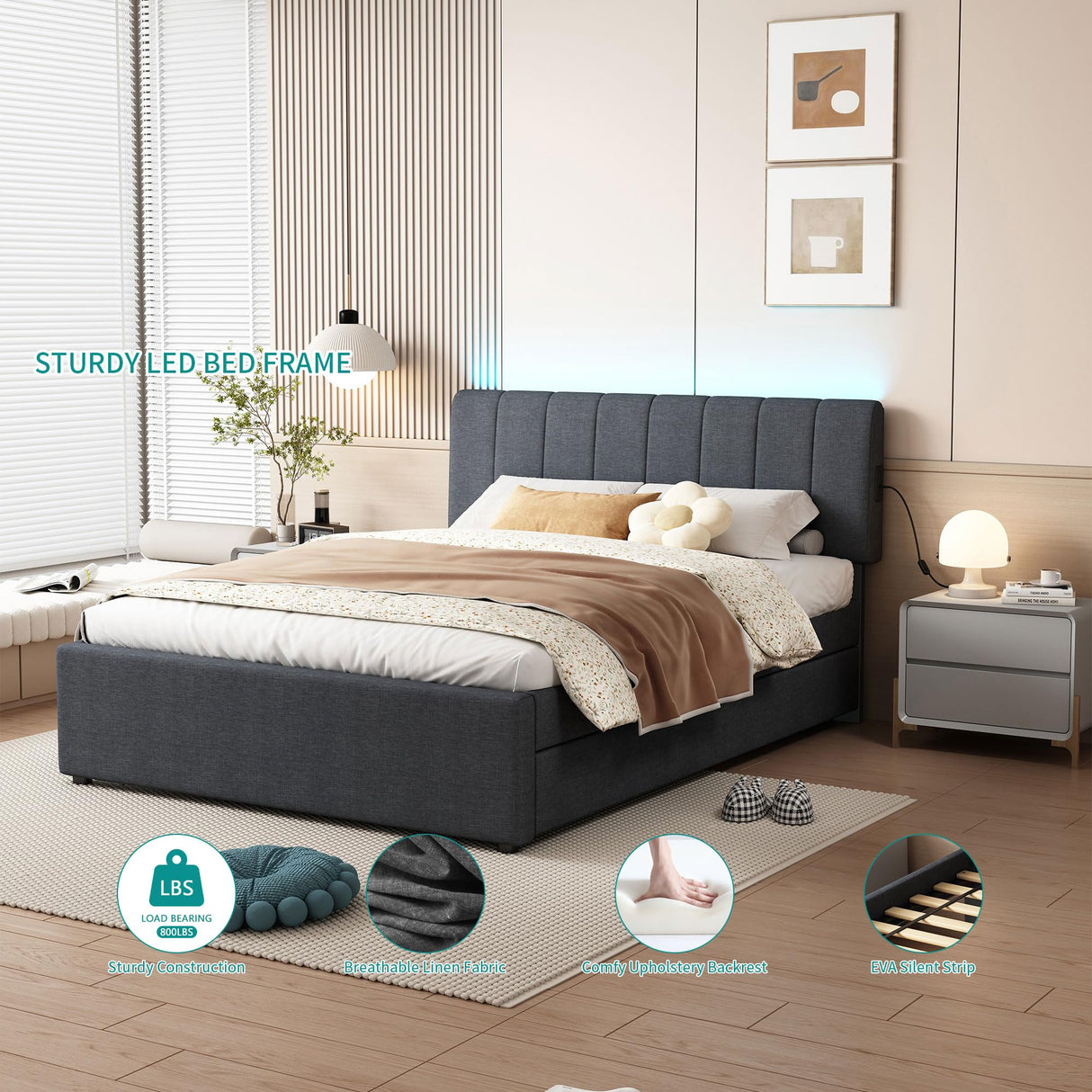 YOPTO Full Size Upholstered Platform Bed with Twin Size Trundle & USB Port,Linen Tufted Bed Frame W/Remote Control LED Light & Stripe Headboard,Wood Slats Support for Bedroom,Apartment,Dark Gray YOPTO