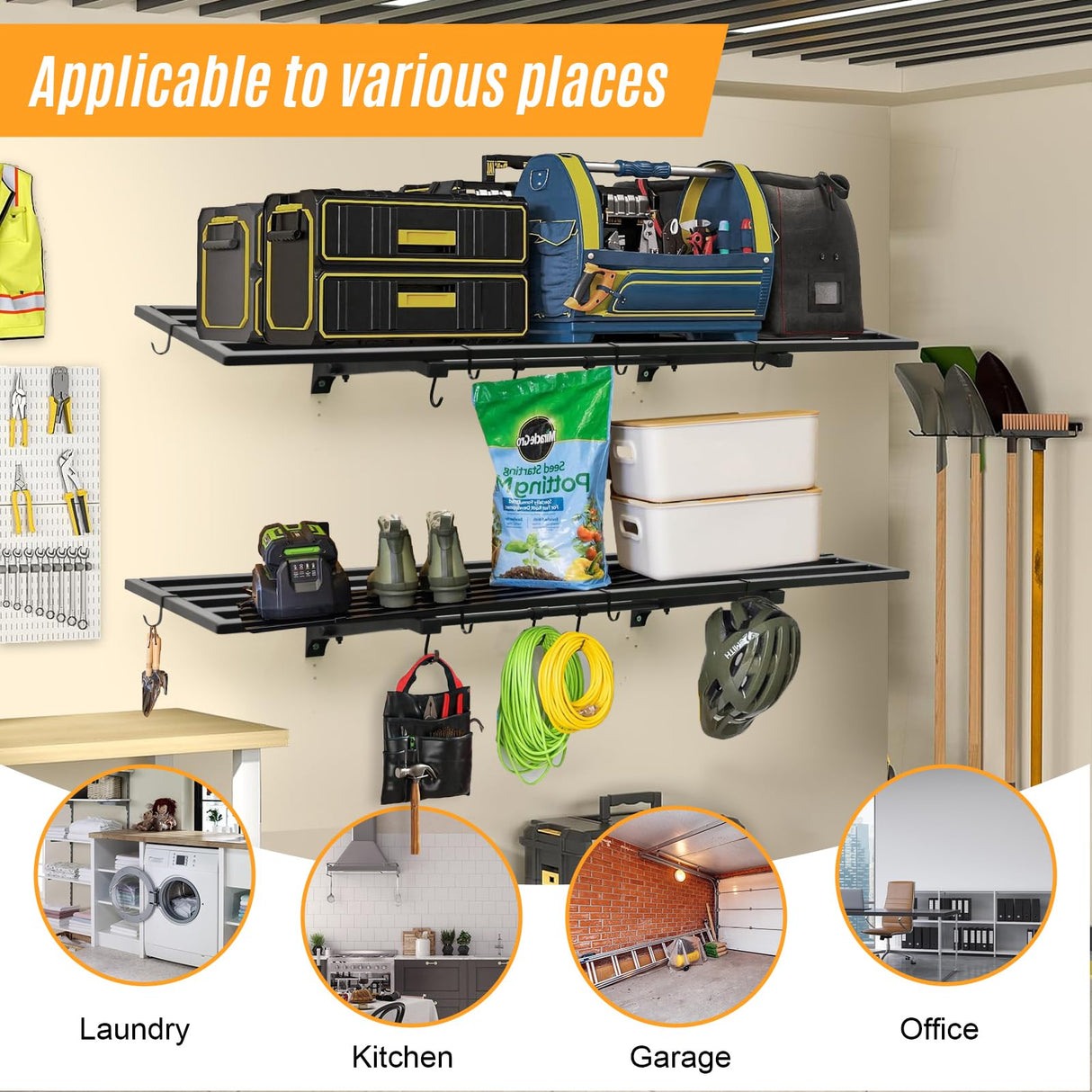 Leekimid 2-Pack 1X4 FT Garage Shelving Wall Mounted Holds Up to 800 Lbs Heavy Duty Wall Shelf, Black Metal Floating Adjustable Wall System Shelves for Garage Storage, Shed Leekimid