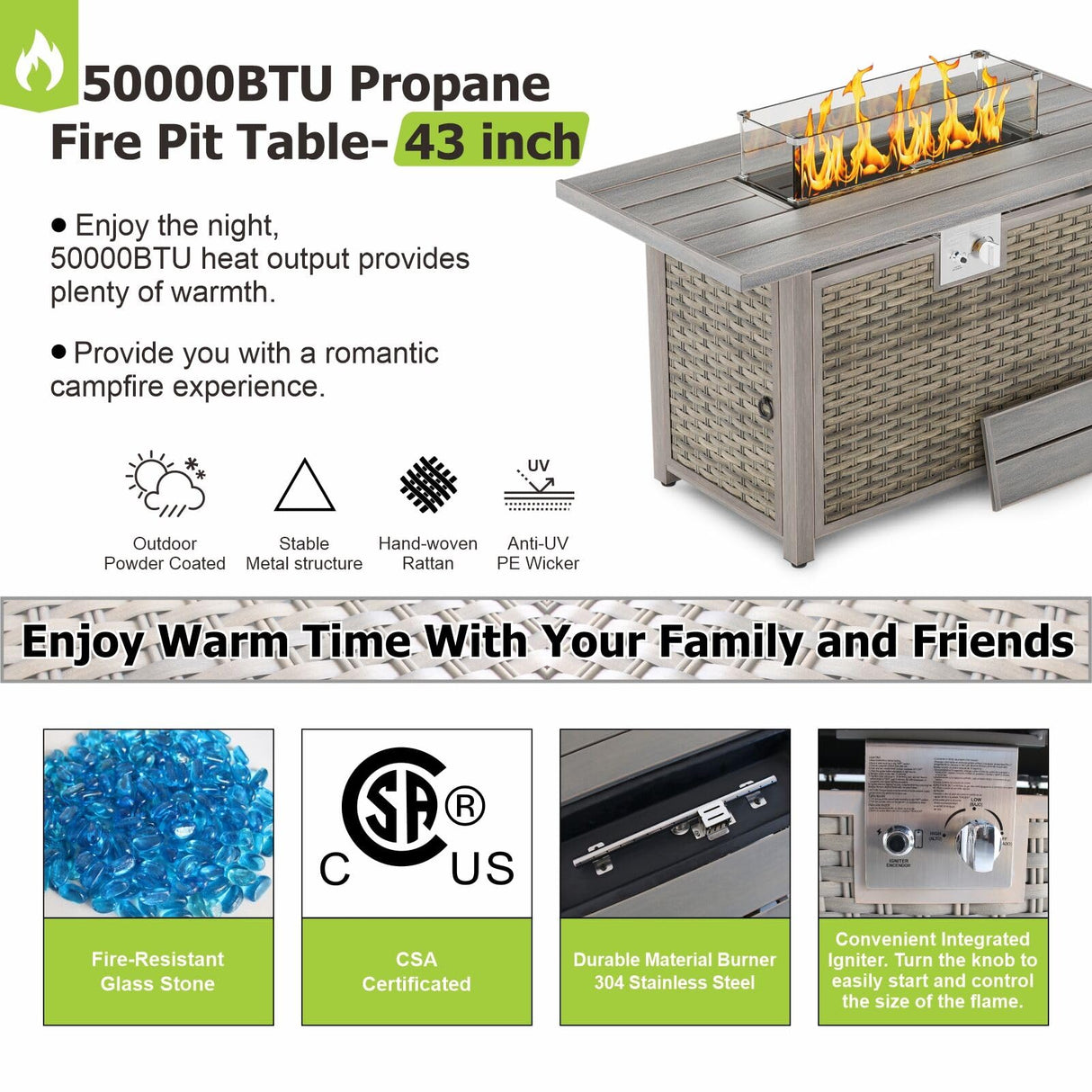 SUNPEAK Patio Furniture Set Q01 Series Sofa 7 Pieces Outdoor Furniture Set Sectional Couch with Fire Pit Table Balcony Furniture Patio Table and Chairs Set with Propane Fire Pit SUNPEAK