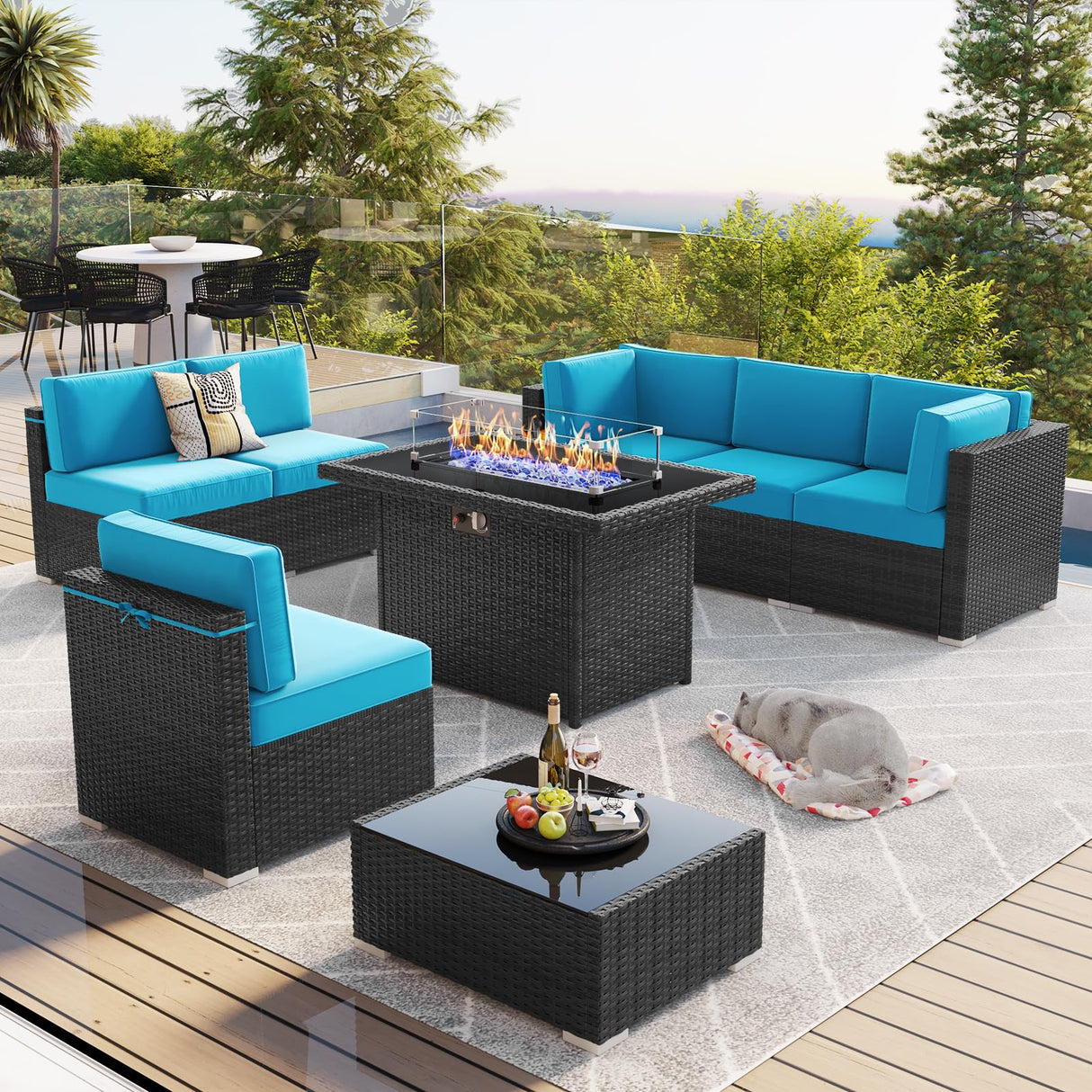 LayinSun 8 Piece Patio Furniture Set with 44" Propane Gas Fire Pit Table, Outdoor Sectional Conversation Set Wicker Rattan Sofa Set with Coffee Table LayinSun