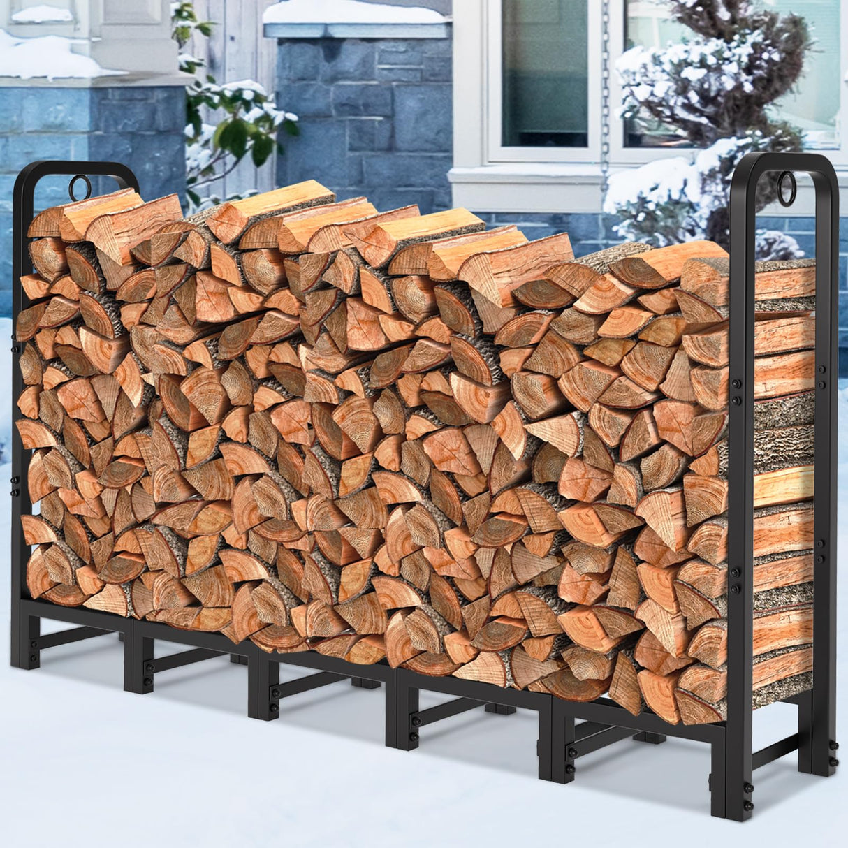AMAGABELI GARDEN & HOME 6ft Firewood Log Rack Outdoor Log Holder for Fireplace Heavy Duty Wood Stacker Pit for Patio Logs Storage Steel Tubular Wood Pile Rack Tool Accessories Black AMAGABELI GARDEN & HOME