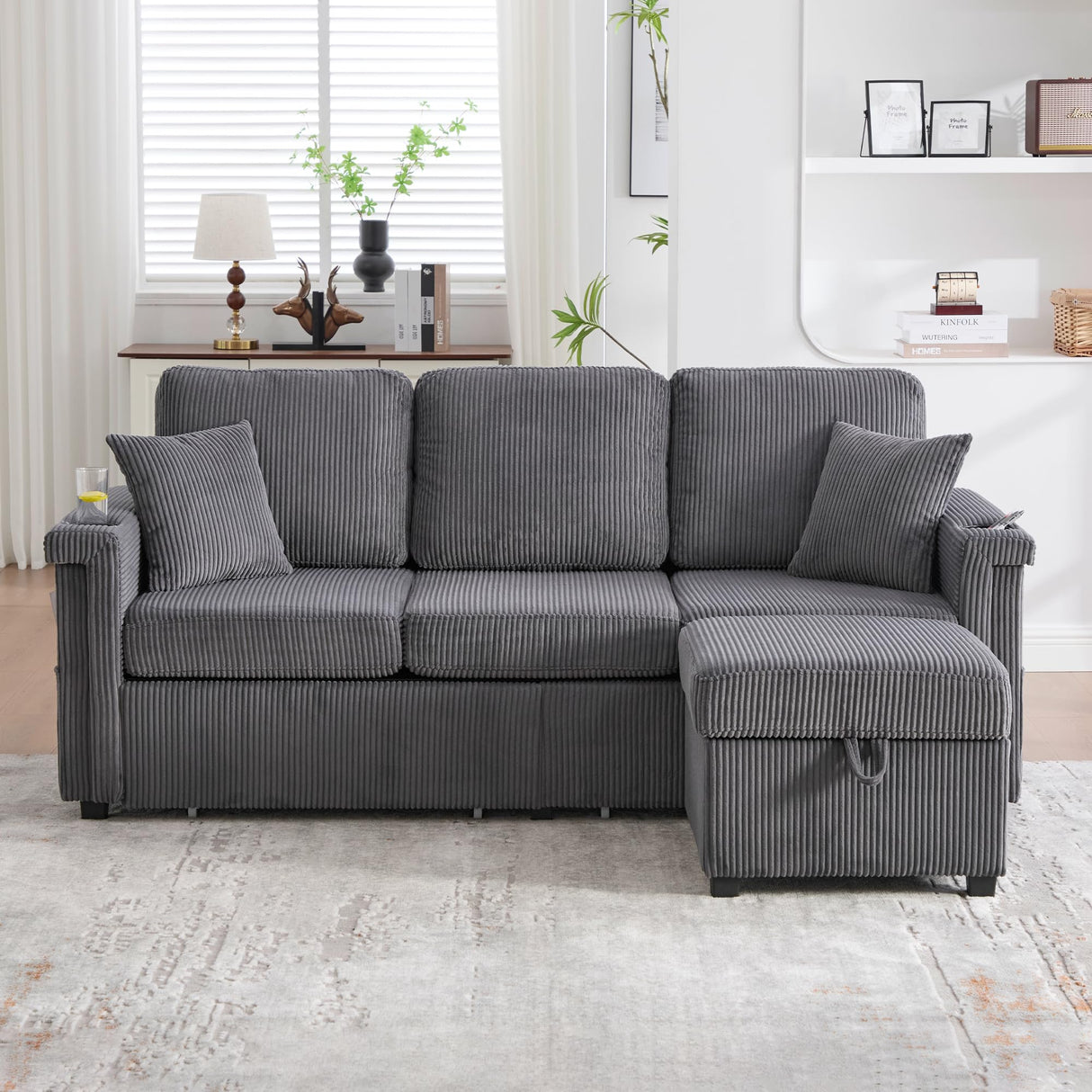 GDFStudio Modern L-Shaped Sectional Sofa with Pull-Out Storage, Ottoman, USB Charging & LED Lights, Cup Holders, Convertible 3-Seater Corduroy Upholstered Couch for Living Room, Apartment, Dark Gray GDFStudio