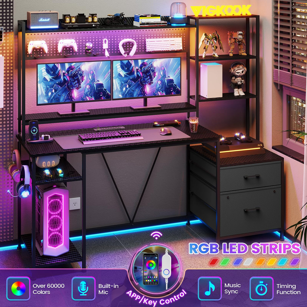 VIGKOOK 65in Gaming Desk with Hutch, RGB LED Lights, Power Outlets, and Ample Storage in Carbon Fiber Black VIGKOOK