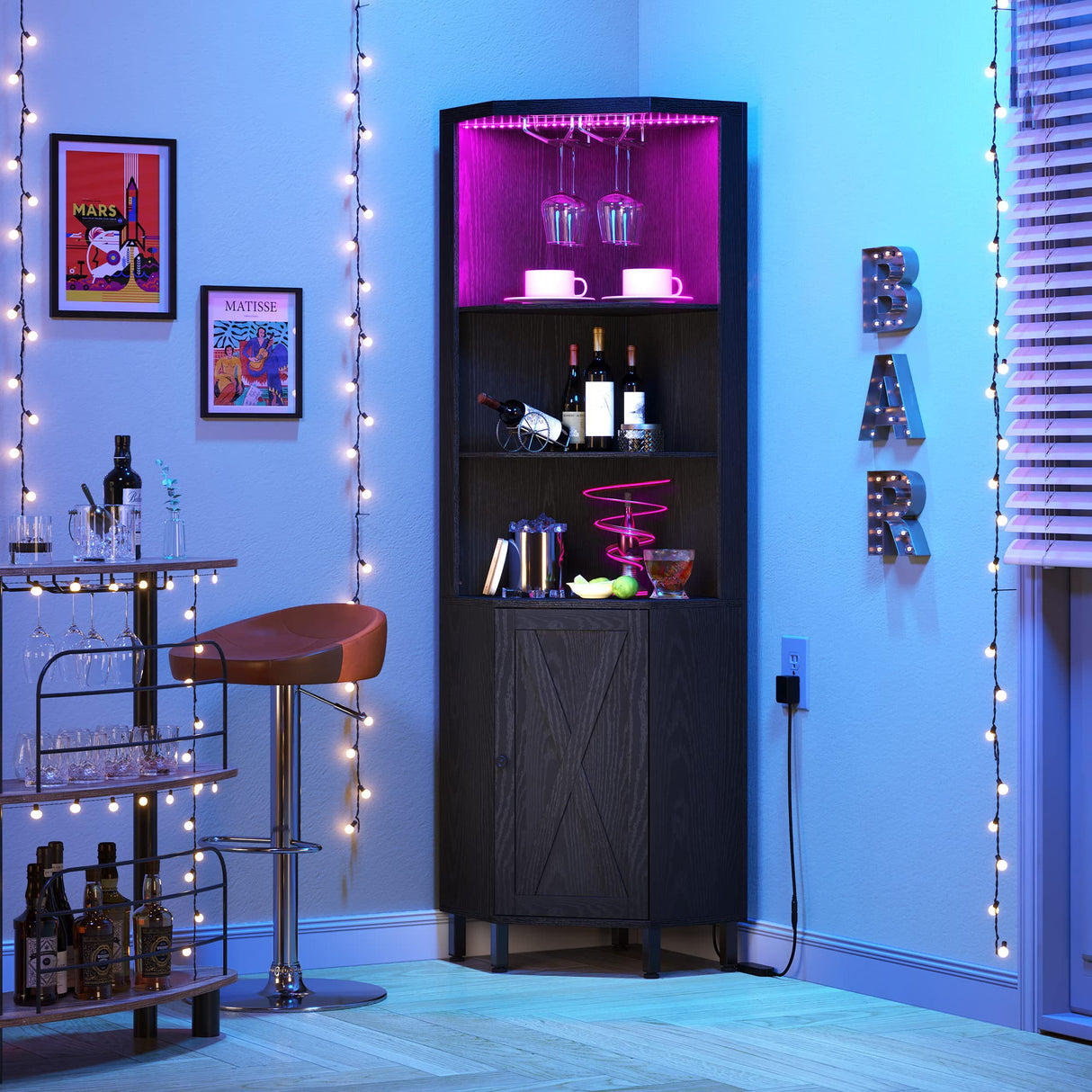 YITAHOME Black Corner Bar Cabinet with LED Lighting, Glass Holder & 5-Tier Storage Shelves YITAHOME