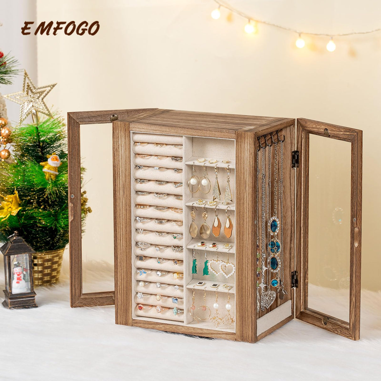 Emfogo 360° Rotating Jewelry Box for Women, Rustic Wooden Jewelry Organizer Box with 5 Drawers, Glass Doors, Vertical Open Design Jewelry Storage Case Display for Earrings Rings Necklaces Bracelets Emfogo